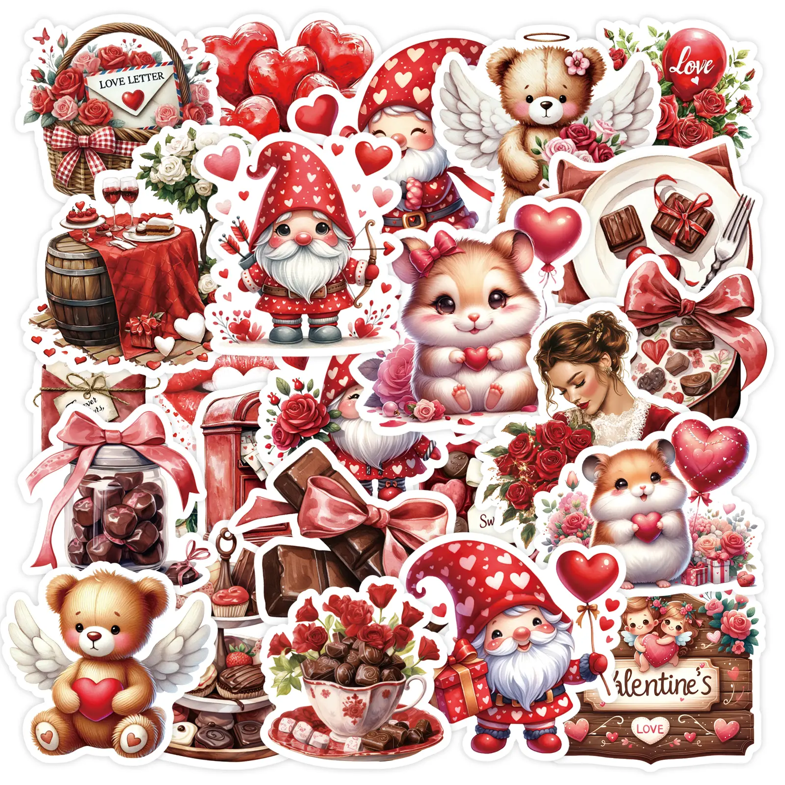 100Pcs Valentine Gnome Stickers Pack, Cute Love Heart Teddy Bear Rose Chocolate Decals for Water Bottles Laptop Journal, Sweet Romantic Holiday Gift for Girls #valentinestickers #gnomestickers