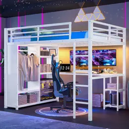 Queen Size Loft Bed Frame with Built-in Wardrobe, Metal Loft Bed with Desk and Storage Shelves, White