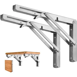 2PCS Folding Shelf Brackets - Heavy Duty Stainless Steel Collapsible Shelf Bracket for Bench Table, Space Saving DIY Bracket Adjustable Hook