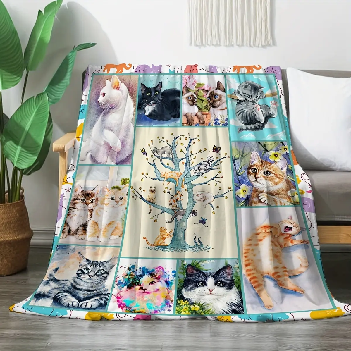 Watercolor Multi-Breed Cat Patchwork Flannel Blanket - Soft, Cozy, Warm Fuzzy Plush Throw with Cute Kitten Tree Art, Ideal Birthday Gift for Cat Lovers, Perfect for Bedroom Sofa Home Decor