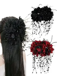 Elegant Large Floral Bow Hair Claw Clips with Beads & Tassels, Perfect for Weddings Parties & Daily Wear, Stylish Hair Accessories for Women & Girls, Barrettes Hair Clips, Prom Mom Hair Clip