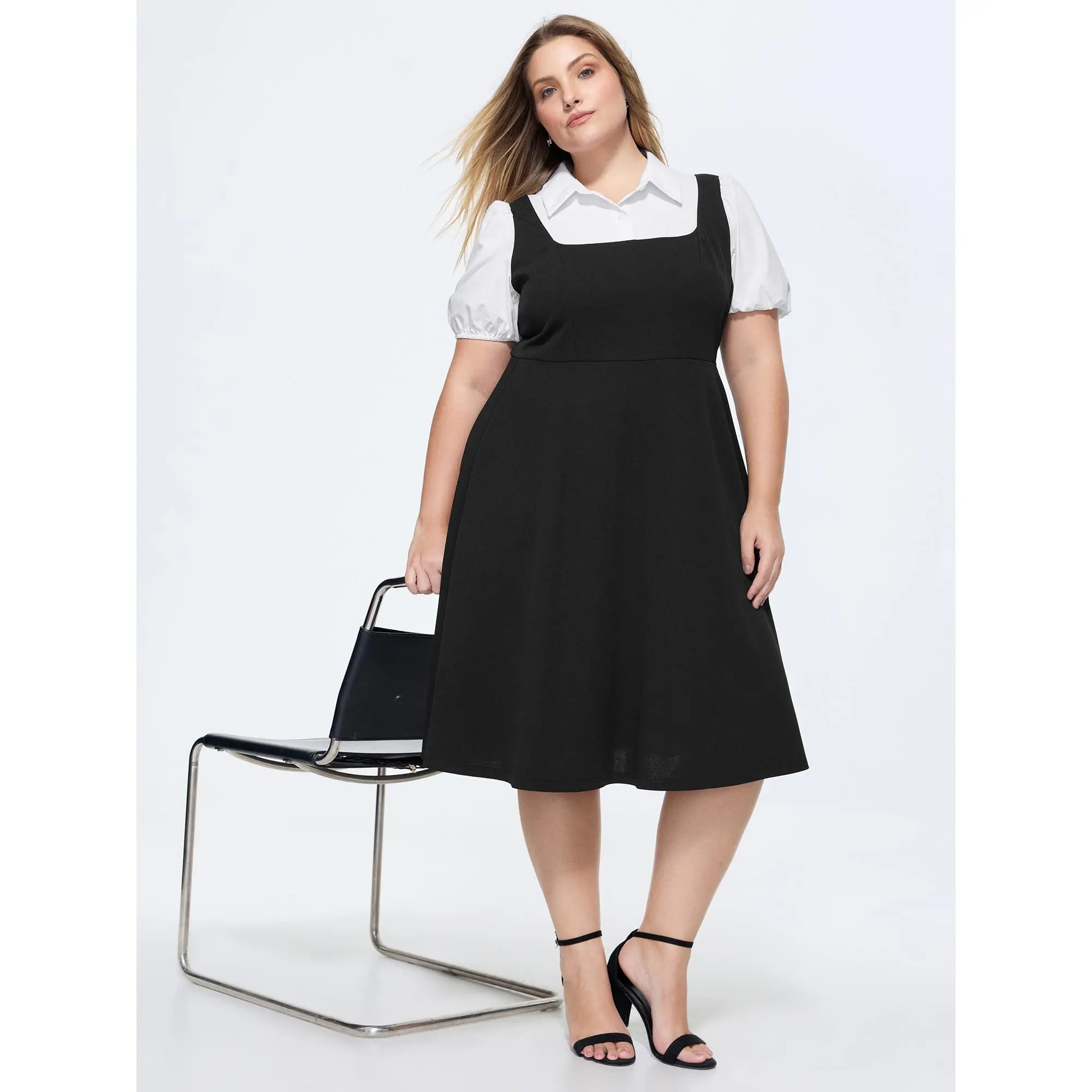 BloomChic Women's Plus Size 2-in-1 Casual Colorblock Mini Dress - Basic, Going Out, Bump-Friendly, Ready-to-Wear, Curvy Confidence, Flattering Cut, Breathable Cotton-Elastane, Puff Sleeves, Square Neck, Side Pocket, Black, Summer Finds, Knee-Length, Smoot