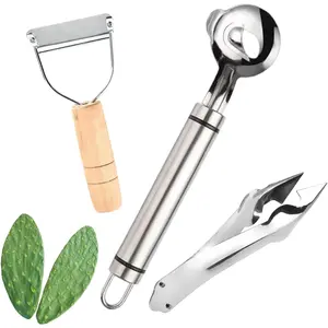 Cactus Peeler Tools Upgrade 3 Pack Stainless Steel Cactus Paring and Spoon 2025 Long Handle Slicing Noodle  with Hole for Cactus Kitchen Cooking Noodles Cactus Thorn
