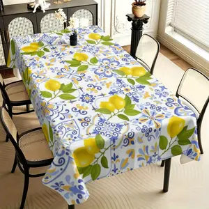 Nordic Fresh South France Style Tablecloth, Durable and Easy To Take Care of, Bright Seaside Lemon and Blue Flower Tile Design, Suitable for Modern Restaurants, Brunch Parties, Terrace Decoration, Creating A Bright and Refreshing Atmosphere.