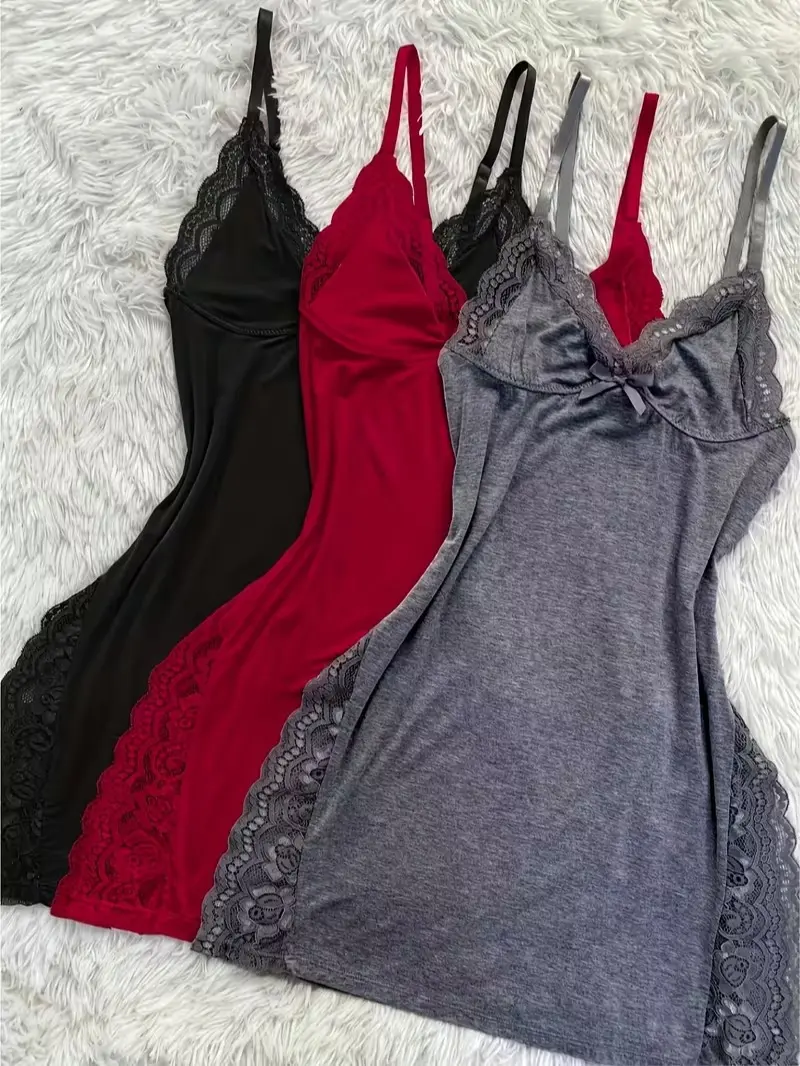 Women's Lacy 3-Piece Lingerie Set, Solid Color Nightwear and Loungewear Gown with Lace Panels and Side Slits, Sleeveless, V Neck, Basic, Women's Clothes, Night Gown For Women