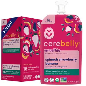 Cerebelly Organic Smoothie Pouches, Fruit and Veggie Squeeze Pouch Purees, Spinach Strawberry Banana, 6+ Months (4 oz, Pack of 6)
