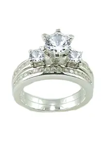 Solid Genuine 925 Sterling Silver Round Cut Three Stone Wedding Bridal Set Engagement Rings