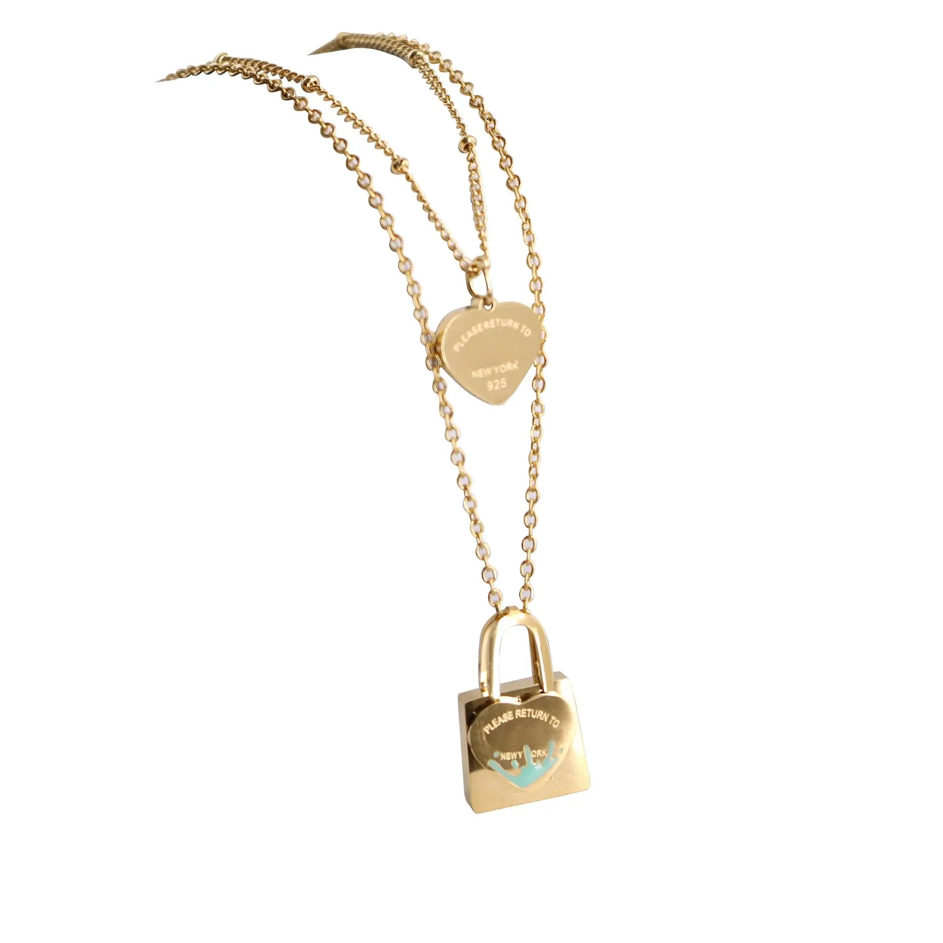T's Blue Oil Dripping Lock Heart Double-Layer Necklace Female 18K Gold Sweet Style Clavicle Chain T's Blue Oil Dripping Lock Heart Double-Layer Necklace Female 18K Gold Sweet Style Clavicle Chain