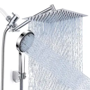 Shower Head, High Pressure Rainfall/Handheld Shower Combo with 11'' Extension Arm, 9 Settings, Anti-Leak Shower Head with Holder, Height/Angle Adjustable, Chrome, Matte Black