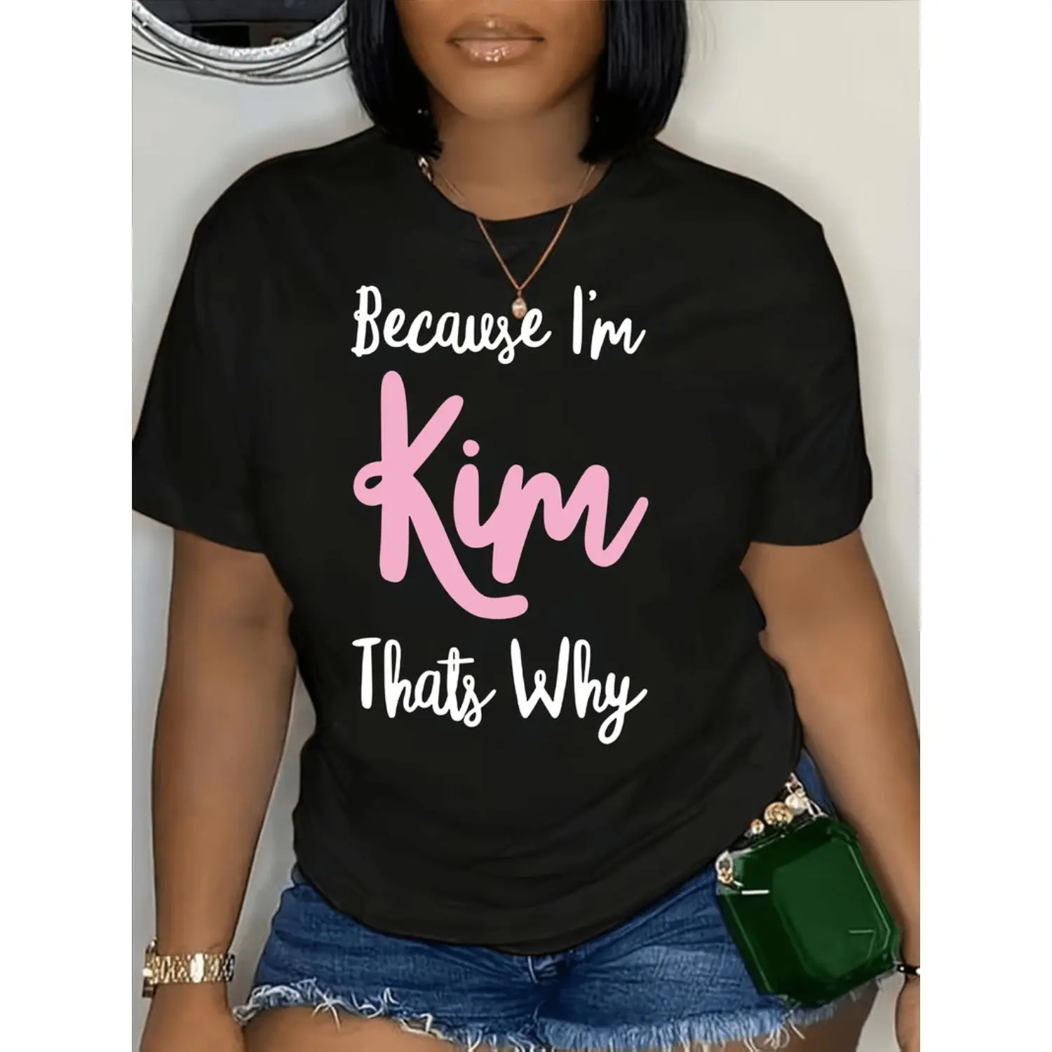 Polyester Geometric-Pattern Graphic Tee - Women's Casual Crew Neck T-Shirt - All-Season Comfort, 180g/m² Weight, "Because I'm Kim That'S Why" Design
