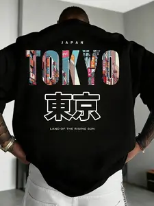 Men's Fashionable Versatile Streetwear "TOKYO" English Slogan Tokyo Element Graphic Print Short Sleeve Fitted T-Shirt Menswear