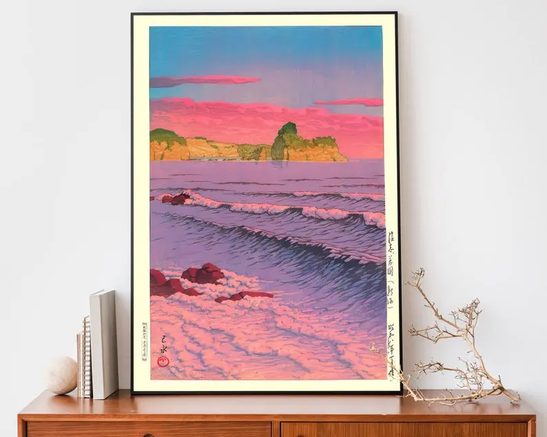 Shiribeshi Japanese Morning Sea Artistic Woodblock Print - Unframed 1-Piece Paper Ocean Scene, Warm Rustic Japandi Wall Decor with White Border, 24x24/27x40 Bedroom Art for Home Offices, Room Decor Poster