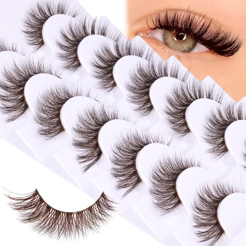 Brown Fluffy False Eyelashes, 7 Pairs Wispy Cat Eye Faux Cluster Lashes for Christmas Gift, Natural Curling Eye Makeup Strip Lashes, Full Volume Eyelash for DIY Eyelash Extensions