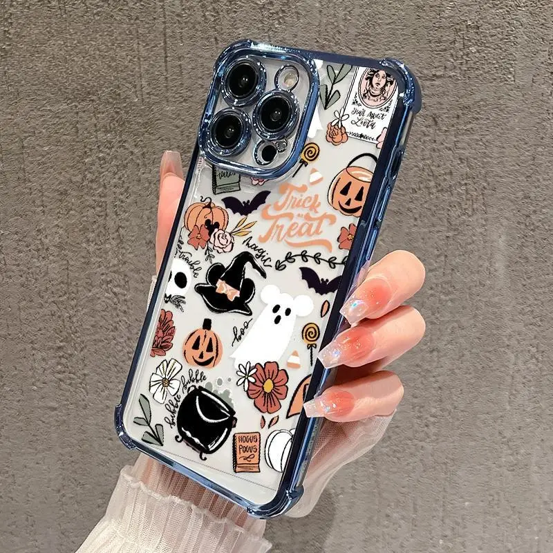 Transparent Shockproof Phone Case for iPhone 17/16 Pro Max/15/14/13/12/11/Air, 4-Corner Electroplated Anti-Fall, Cute Halloween Magic Delight Pattern, Pink Protective Cover