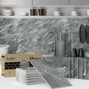 24/48/96 PCS TSF Tile Stickers - Deep Grey Root Vein Marble PVC+PET Crystal Foam Waterproof Oil-proof for Kitchen Bathroom Floor Ceiling Tile Old Wood Home Decor