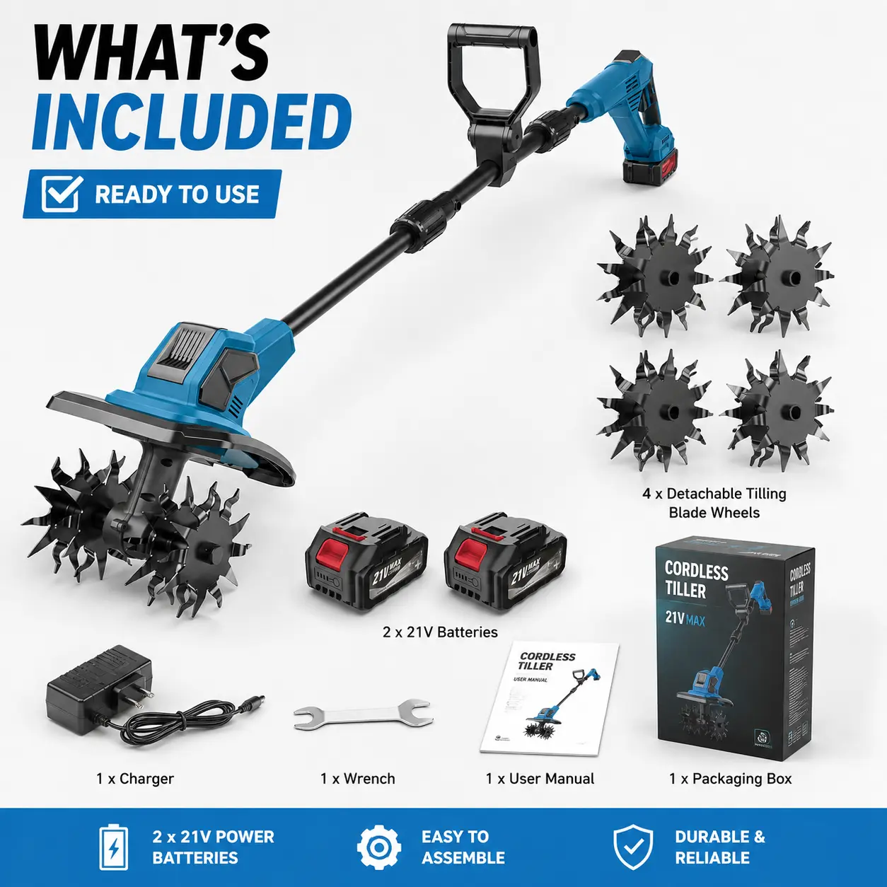 21V Cordless Tiller Cultivator 9" Portable Garden Rototiller with 2x4.0Ah Batteries & Charger 270 RPM Adjustable Handle Electric Tiller for Flowerbeds Orchards & Raised Beds