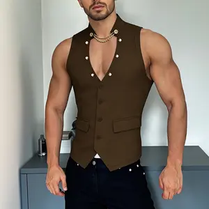 INCERUN Men Spring/Summer Fashion Slim Fit Vest with Chain Detail