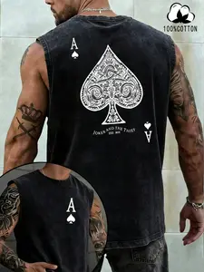100% Cotton Men's Sleeveless Vest, Raw Wash Design, Joker and the Thief Print, Graphic, Casual Streetwear Long Top, Loose-Fitting, Relaxed Fit, Plain Pattern, Menswear