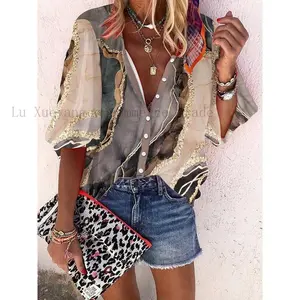 Chic Boho-Inspired Women's Blouse with Geometric Print & 3/4 Sleeves - Vintage Style, Machine Washable