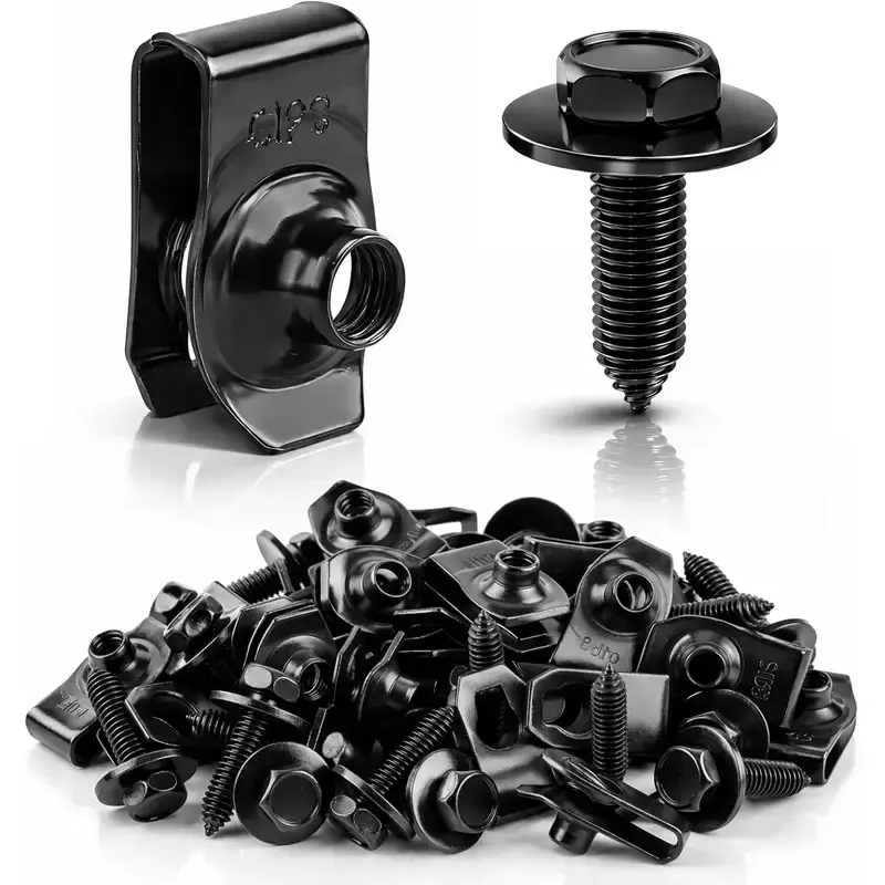 50PCS Metal Automotive Fastener Kit - 1/4" Hex Head Body Bolts & Clips, Black Replacement Screws with Quick Install & Secure Fixing for Car Fender, Bumper Repair, Various Cars