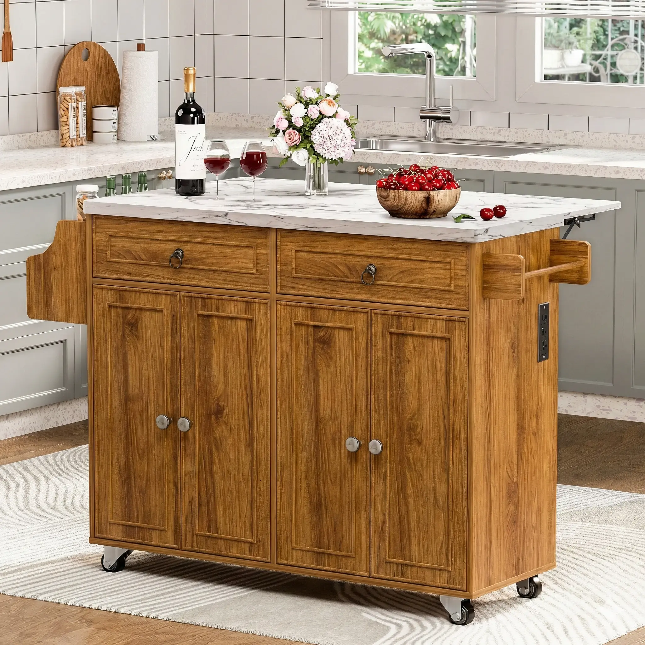 Rolling Kitchen Island Cart with Storage & Built-in Power Outlet, Movable Kitchen Island Table with Foldable Drop Leaf, Coffee Bar Microwave Stand Kitchen Buffet Sideboard Freestanding Kitchen Cupboard