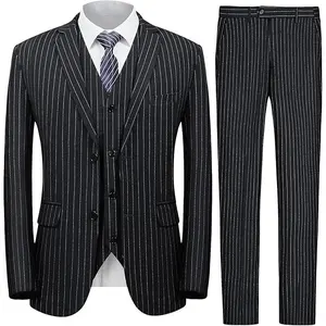 Men’s Pinstripe 3 Piece Suit Slim Fit Elegant Single Breasted Business Wedding Party Blazer Vest& Pants Set