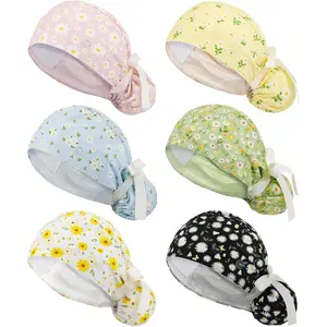 6 Pcs Scrub Caps Women Nurse Surgical Hat with Buttons Adjustable Bouffant Hats Working Cap Ponytail Holder Tie Back2026