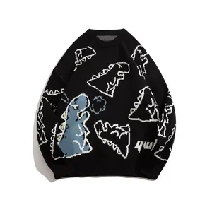Cartoon dinosaur pattern knit sweater, men's casual warm slightly elastic round neck pullover sweater for autumn and winter