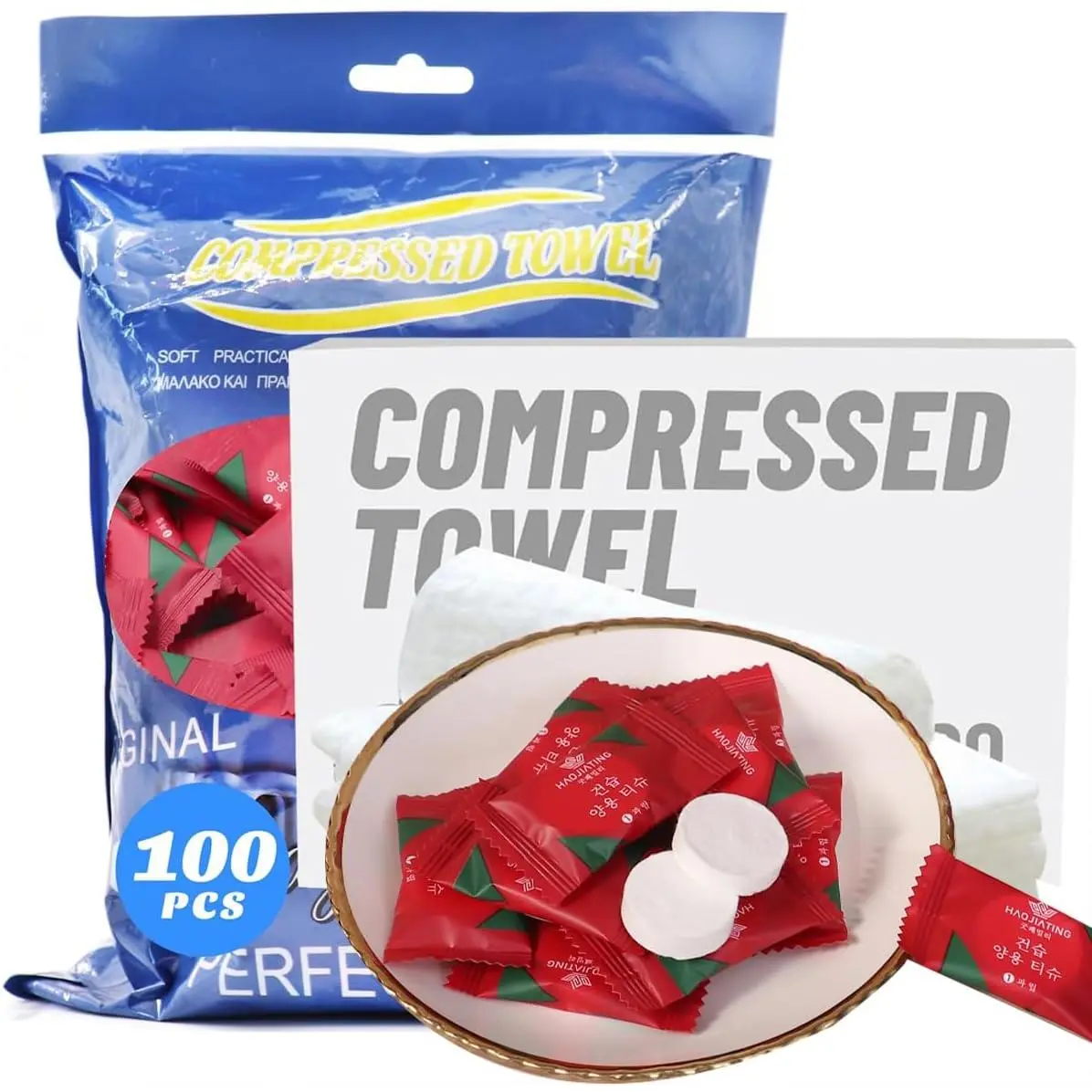 100 count Compressed Towel,Disposable  Compressed Towels for Travel, Individually Wrapped  Suitable for Hiking Camping Beach Swimming and Traveling.