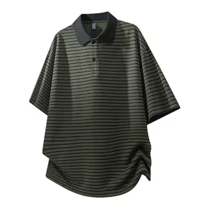 Men’s waffle-knit polo shirt with a turn-down collar, short sleeves — new for summer, loose casual fit, striped design, versatile, unisex