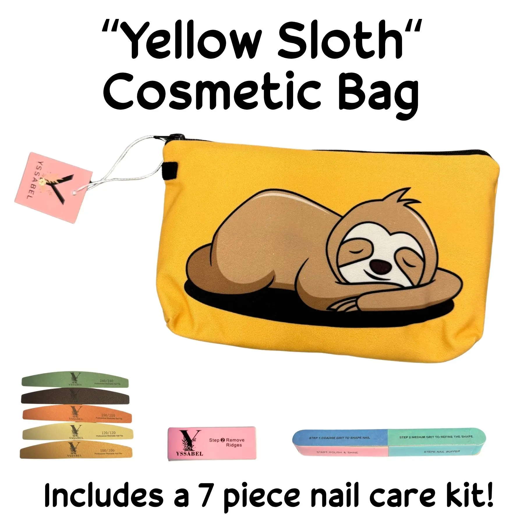 Yellow Sloth Cosmetic Bag with 7-Piece Nail Care Kit | Cute Travel Makeup Organizer