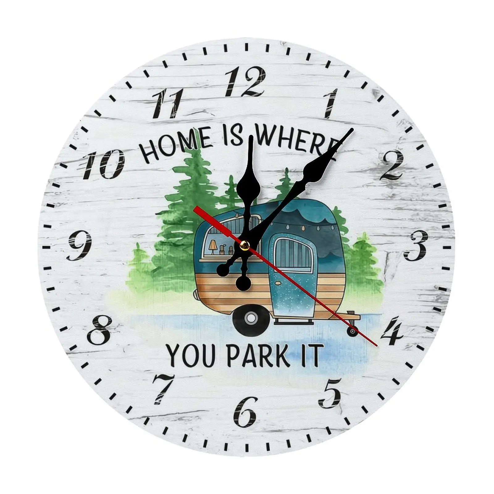 "Home Is Where You Park It" Round Silent Analog Hanging Decorative Wall Clock - 10/12in Classic Retro Rustic Wooden Home Decor, Watercolor Trailer Print, Gift for RV Camping Lovers