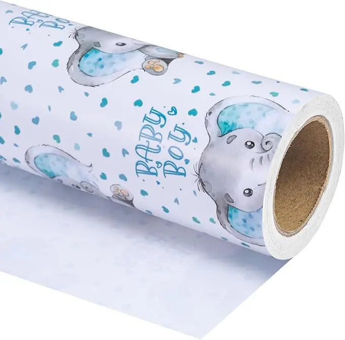 WRAPAHOLIC Baby Boy Wrapping Paper Roll, Cute Blue Elephant Gift Wrap for Baby Shower Gifts, Newborn Party Paper for Baby Gifts, Birthdays & Celebrations,17 Inch X 33 Feet