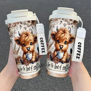 1pc 18oz Coffee Cup, Highland Cow & Coffee Themed Healing Illustration, Symmetrical Dual Print, Perfect for Coffee Lovers Decor, Creative Printing