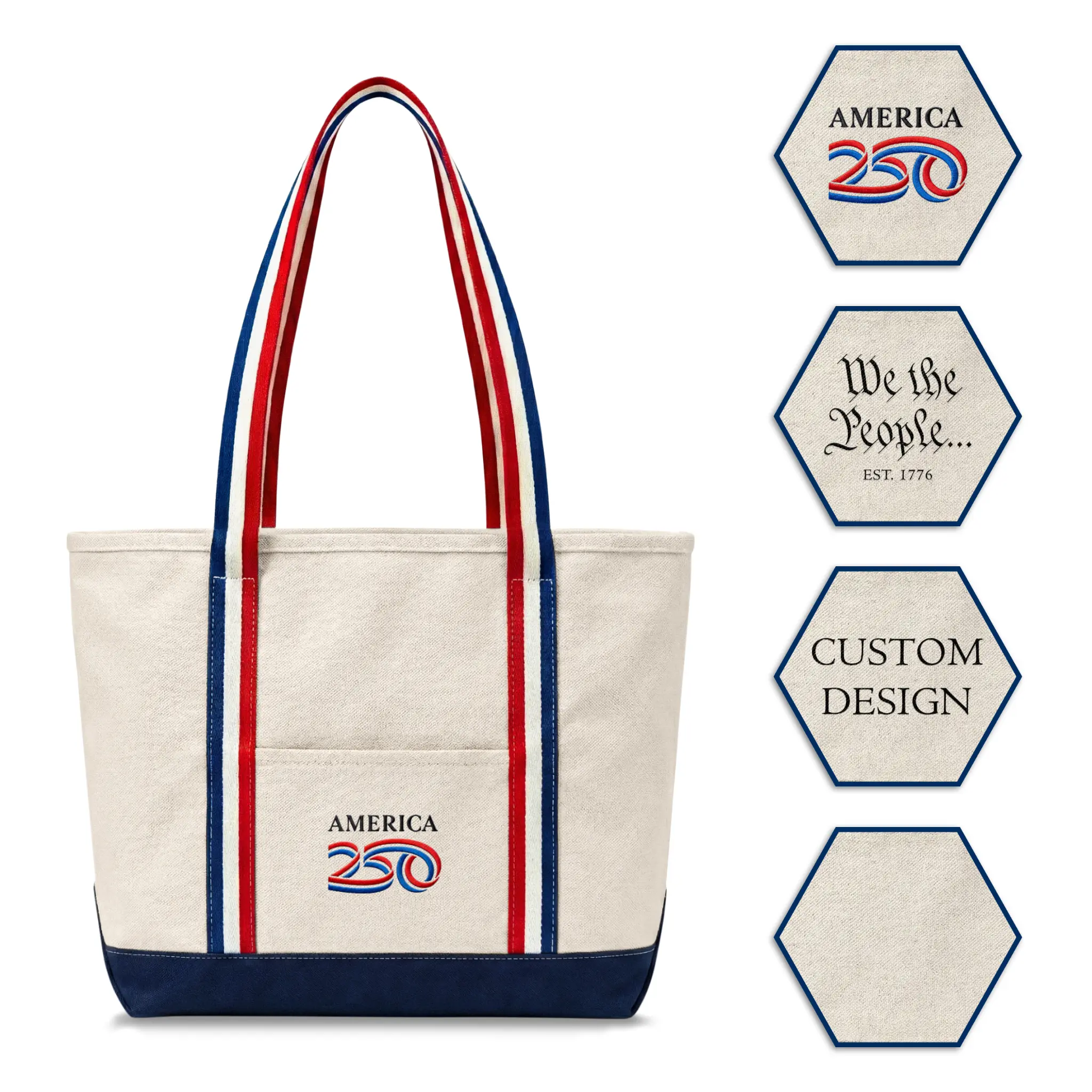America 250 Premium Canvas Tote Bag - Officially Licensed Commemorative 250th Anniversary - Heavyweight Durable Canvas, Reinforced Handles, Exterior Pocket