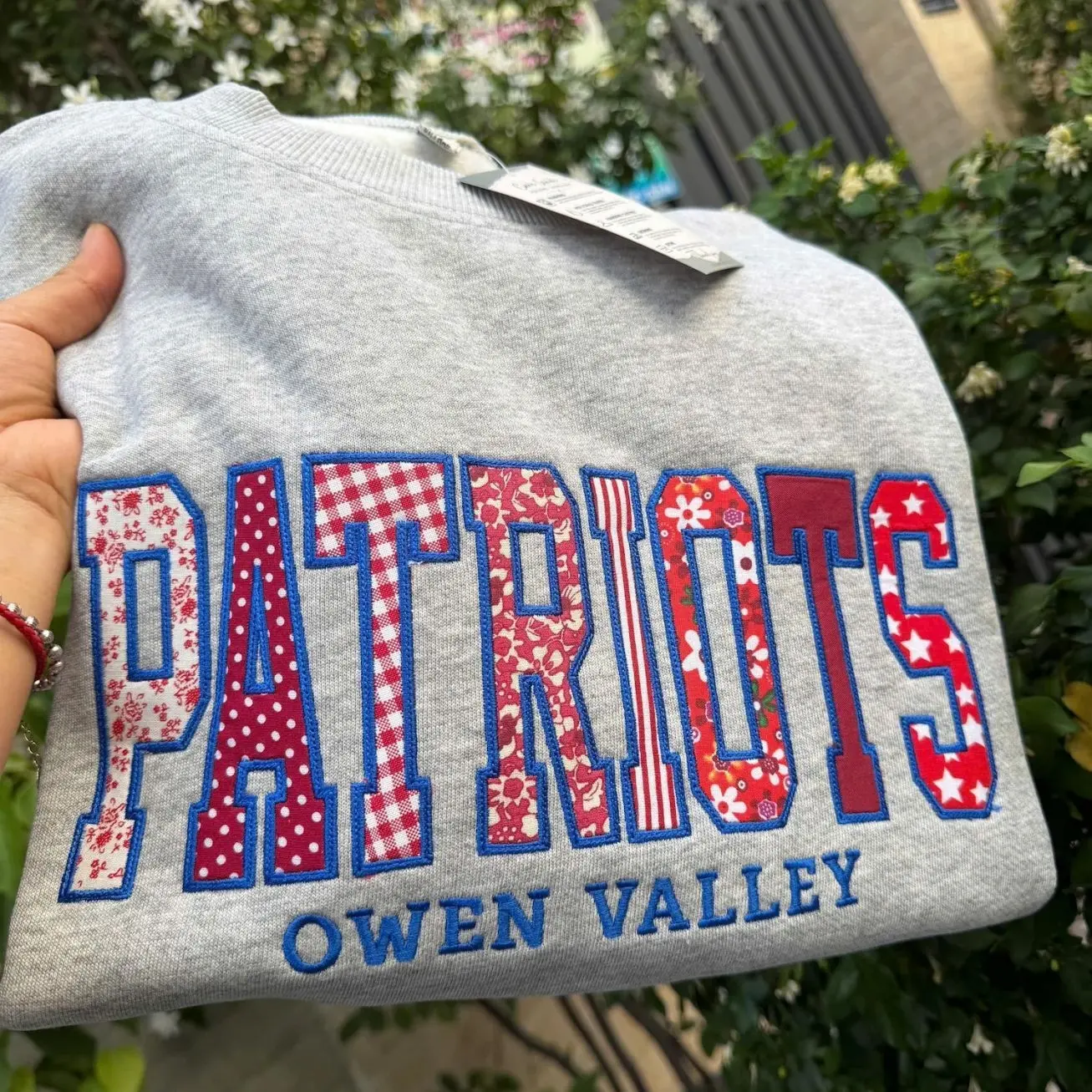 Custom School Spirit Embroidered Sweatshirt, Personalized Varsity Patchwork Crewneck, School Name Mascot Applique, Student Team Gift