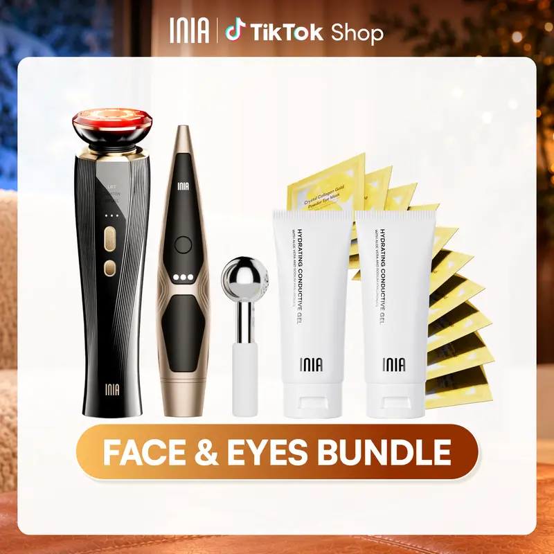INIA FLARE & LUMIN Facial & Eye Skincare Bundle – 3-in-1 Face + 4-in-1 Eye Beauty Devices for Lifting, Tightening, Reducing Puffiness & Fine Lines,Buy 1 Get 15