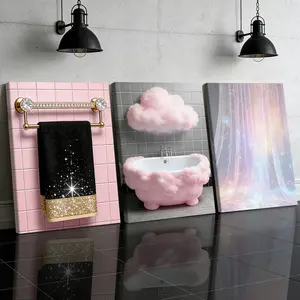 3 Counts Wooden Framed Canvas Painting, Dreamy Pink Cloud Bathroom Images, Exquisite Poster, Perfect Gift, Decor For Living Room, Bedthroom, Modern Art, Fashion Family Poster, Wall Art Decoration