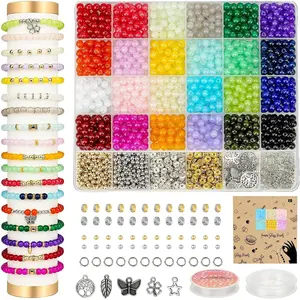 Sistenia 1400pcs Glass Beads 6mm Bracelet Making Kit, 24 Colors Crystal Beads for Jewelry Making Round Beads DIY Crafts with Spacer Beads Charms Accessories
