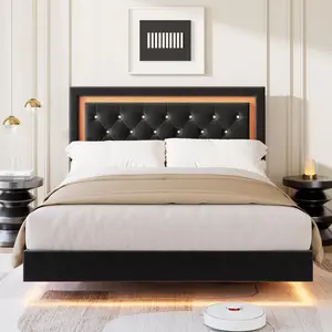 Black Floating Bed Frame Full Size with Smart Led Lights, Upholstered Platform Bed with Diamond Headboard, Solid Wood Slats Support, No Box Spring Needed, Noise-Free, Easy Assembly,