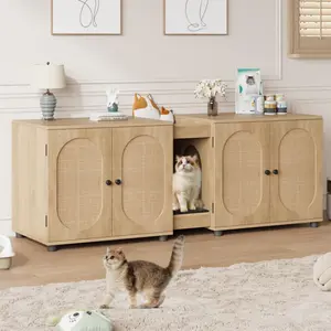 [FLASH SALE] Garvee Cat Litter Box Enclosure 55.1" Double Litter Box Furniture Large Cat Box Enclosure Kitty Litter Box for 2 Cats Hidden Cat Litter Cabinet Double Cage with Cat Litter pad Rattan Door