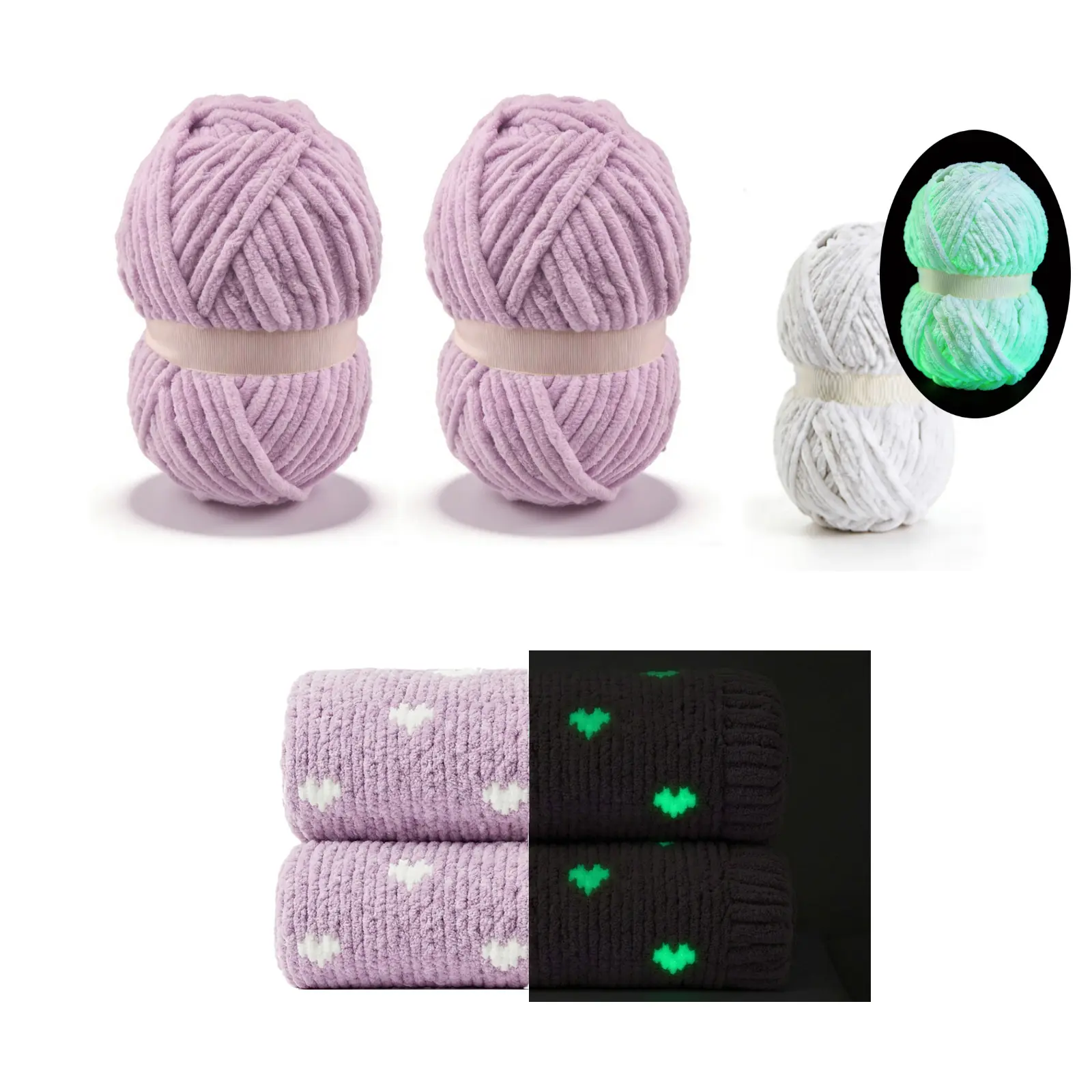 Glow in the Dark Chunky Yarn Bundle, Super Bulky Chenille Blanket Yarn for Crocheting, 3 Skeins (2 Solid Colors + 1 Glow Yarn) Soft Plush Velvet Yarn for Knitting Creations, Lavender