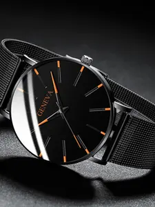 1-piece set of fashionable orange needle men's watch, men's watch, quartz watch, mesh strap style, Trendy Watch