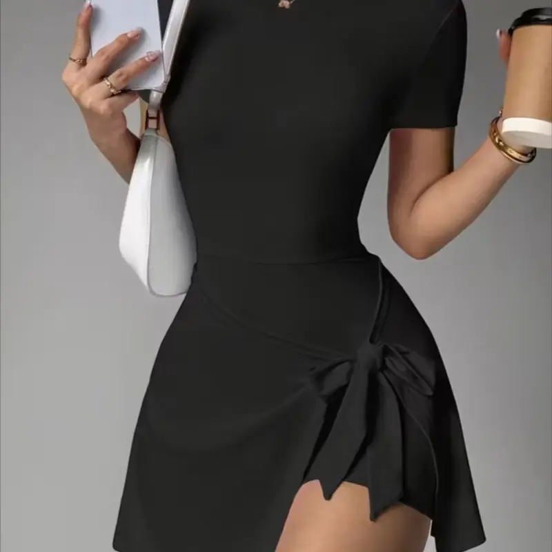 New Plain Short Sleeve Yoga Workout Jumpsuit with Tie Waist, Stylish Yoga Tennis Dress for Women, Trendy Sporty Bodysuit for Active Lifestyle