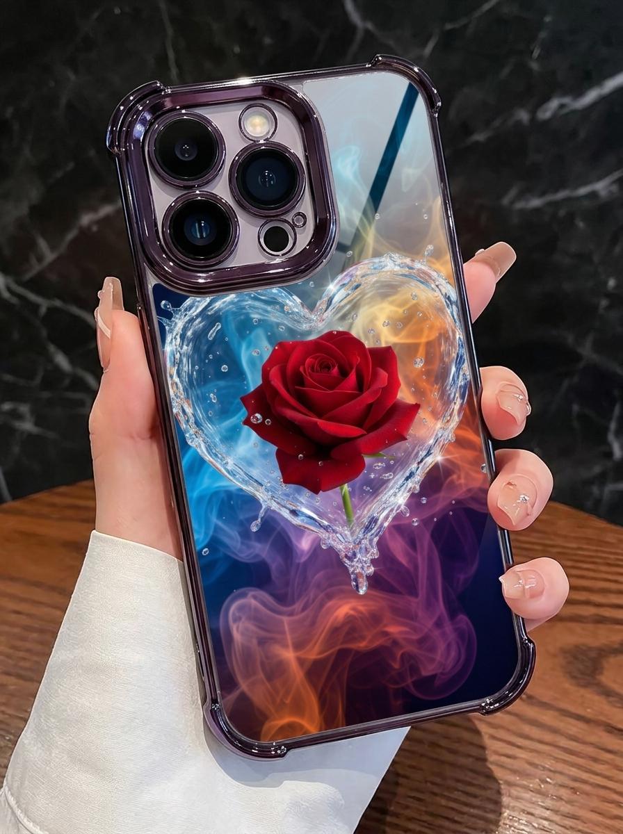 Trendy Cool Love Water Rose Phone Case Supports iPhone 12/13/14/15/16/17 Full Series (Pro/ProMax/Plus, etc.) Love Wrapped Red Rose, Adorned with Bubbles and Water Beads, Full of Technology and Romance, Small and Non collision Anti fall Phone Case