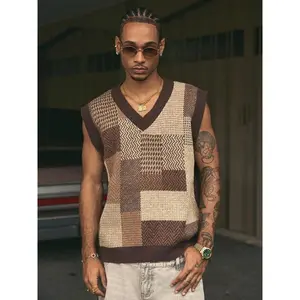 Neutral retro knit vest jacket, color-blocked V-neck pullover, all-season casual fit sweater, fashionable outerwear for men and women GARMENTARY