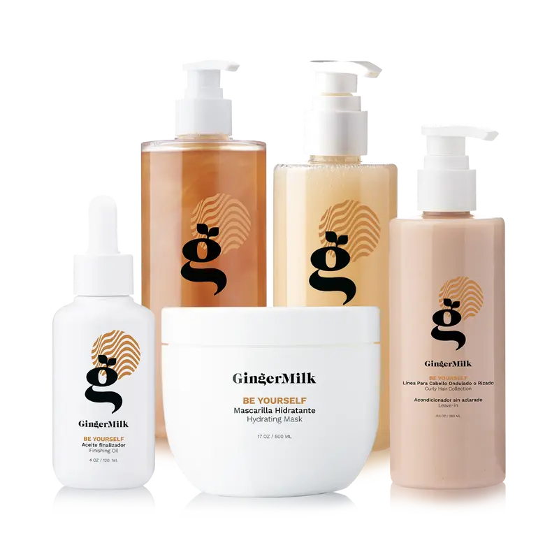 Curly Hair Routine Kit, Be Yourself | Hydrating Shampoo 16 oz + Mask 17 oz + Leave-In 8 oz + Finishing Oil 4 oz + Curl Defining Gel 8 oz | Defining & Hydrating Care for Curly, Wavy & Coily Hair | Ginger Milk