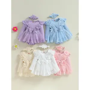 Baby Toddler Girls Romper Dress 3 6 9 12 18 Months 3D Flower Bow Long Sleeve Mesh Dress Romper Headband Adorable Ribbed Outfits