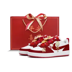 Nike Court Borough 2 OKHR Wedding Sneakers for Women with Silk Laces, Pearl Flower Pendant, Red Swoosh, Thin Sole, Durable Low-Top Canvas Shoes Trending Shoes, House White Official Shoes to Get / Maison Mihara