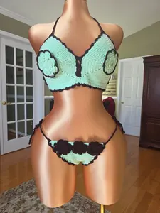 Handmade Crochet Bikini Set – Mint Green & Chocolate Brown